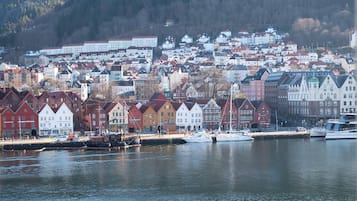 A waterfront town with historic buildings, a dock with boats, and a hilly backdrop.