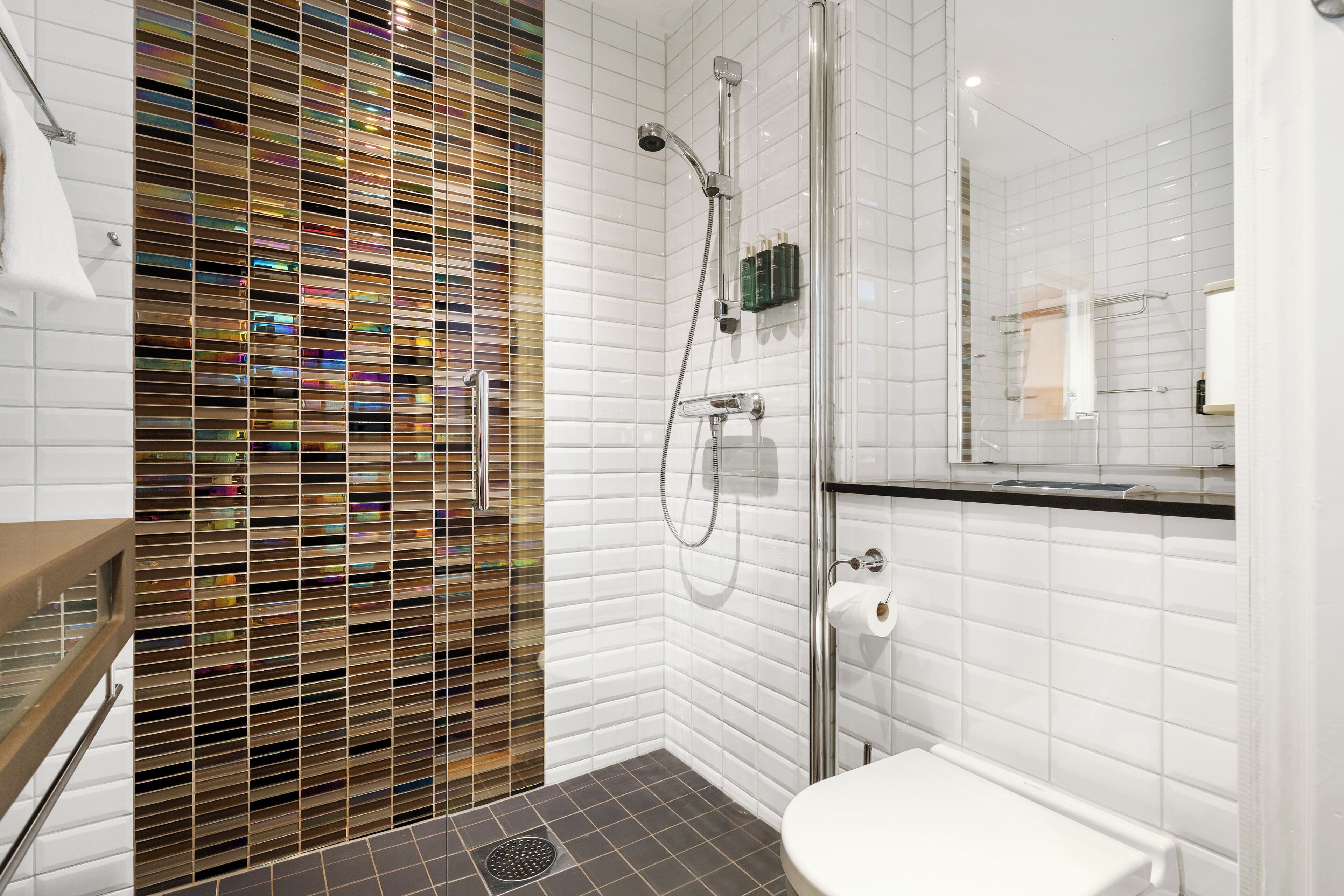 single room (compact) | bathroom | shower, hair dryer, heated floors, towels