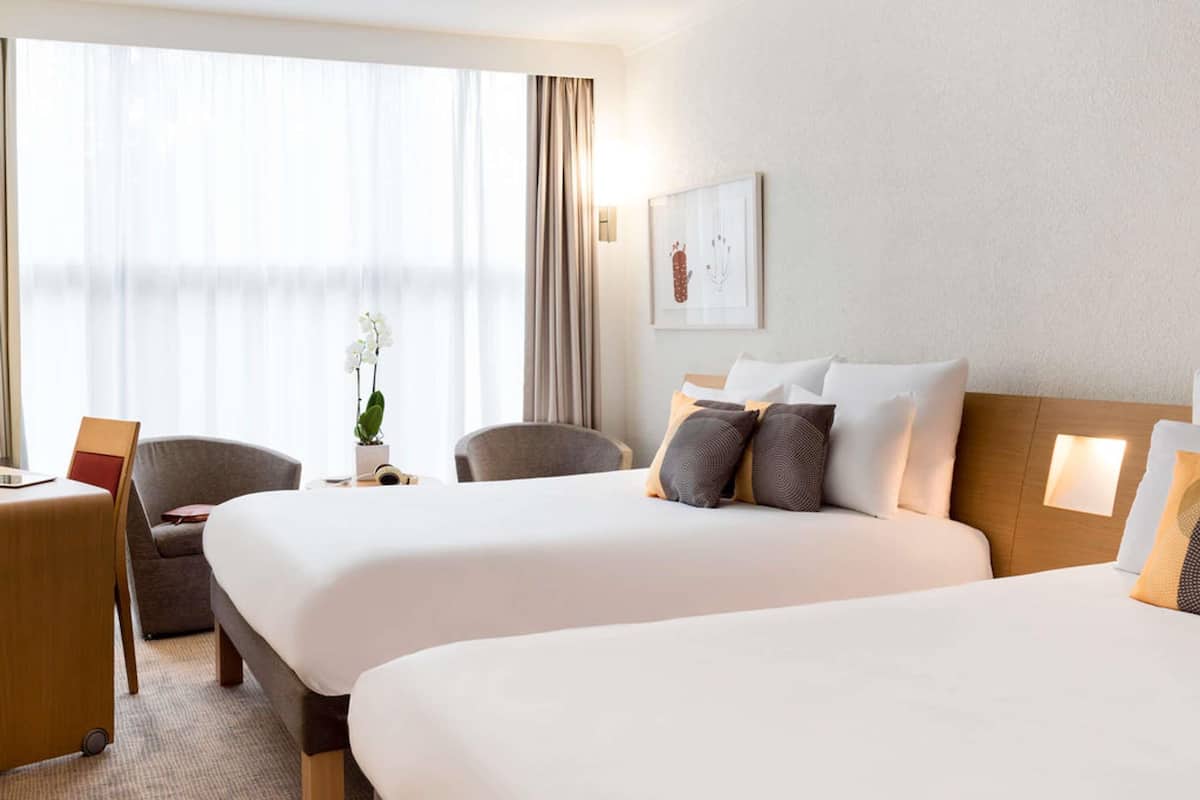 Ett hotellrum med två sängar, ett skrivbord, stolar, en krukväxt och ett fönster med gardiner.
