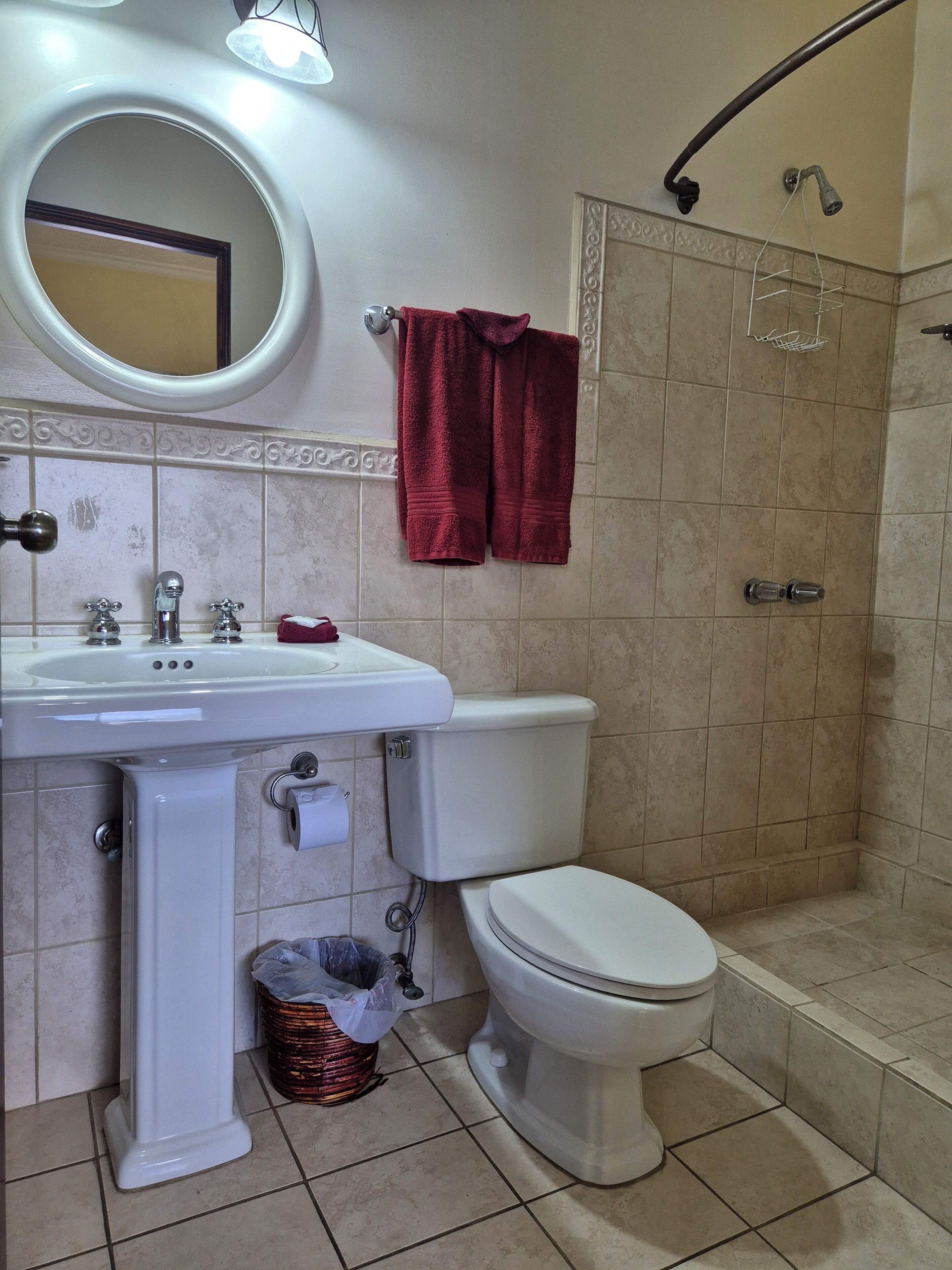 A bathroom with a sink, toilet, and shower.