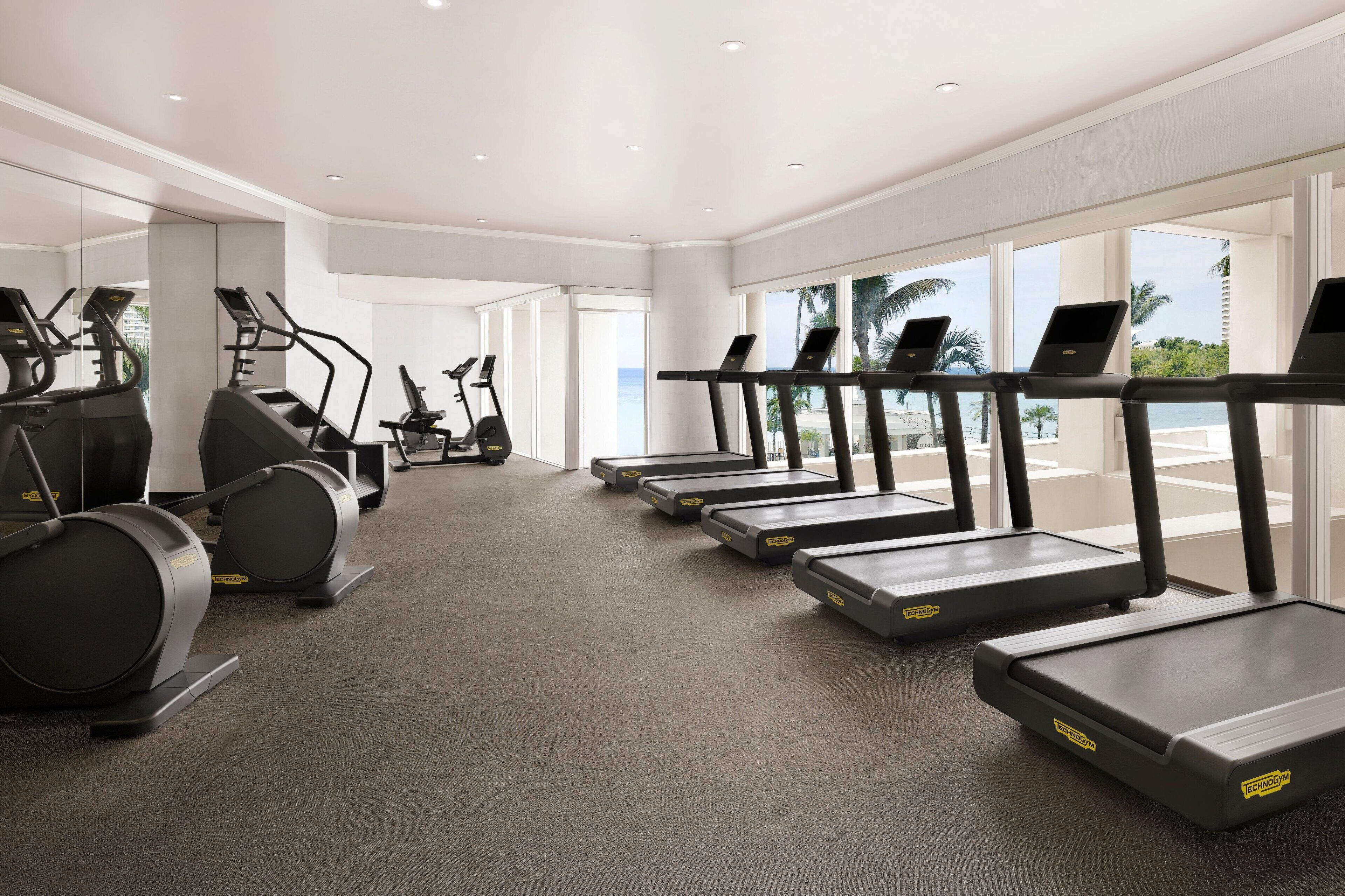 A gym with treadmills, elliptical machines, and stationary bikes, large windows with a view of palm trees and the ocean.
