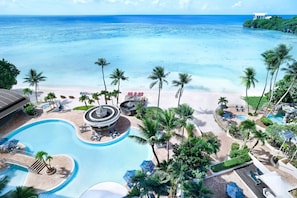 2 outdoor pools, open 10:00 AM to 8:00 PM, pool umbrellas, pool loungers