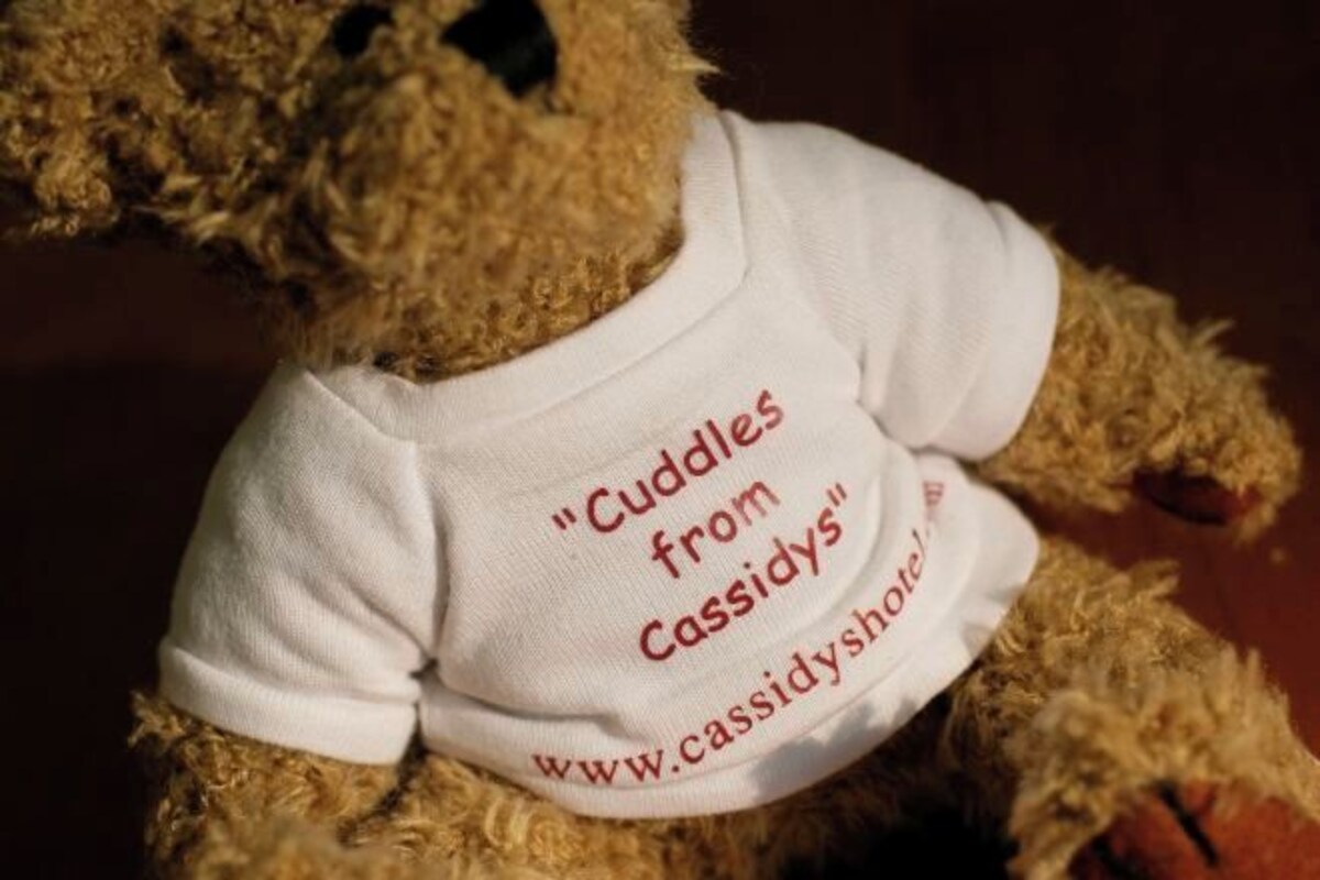 Un oso de peluche con una camisa blanca y texto.