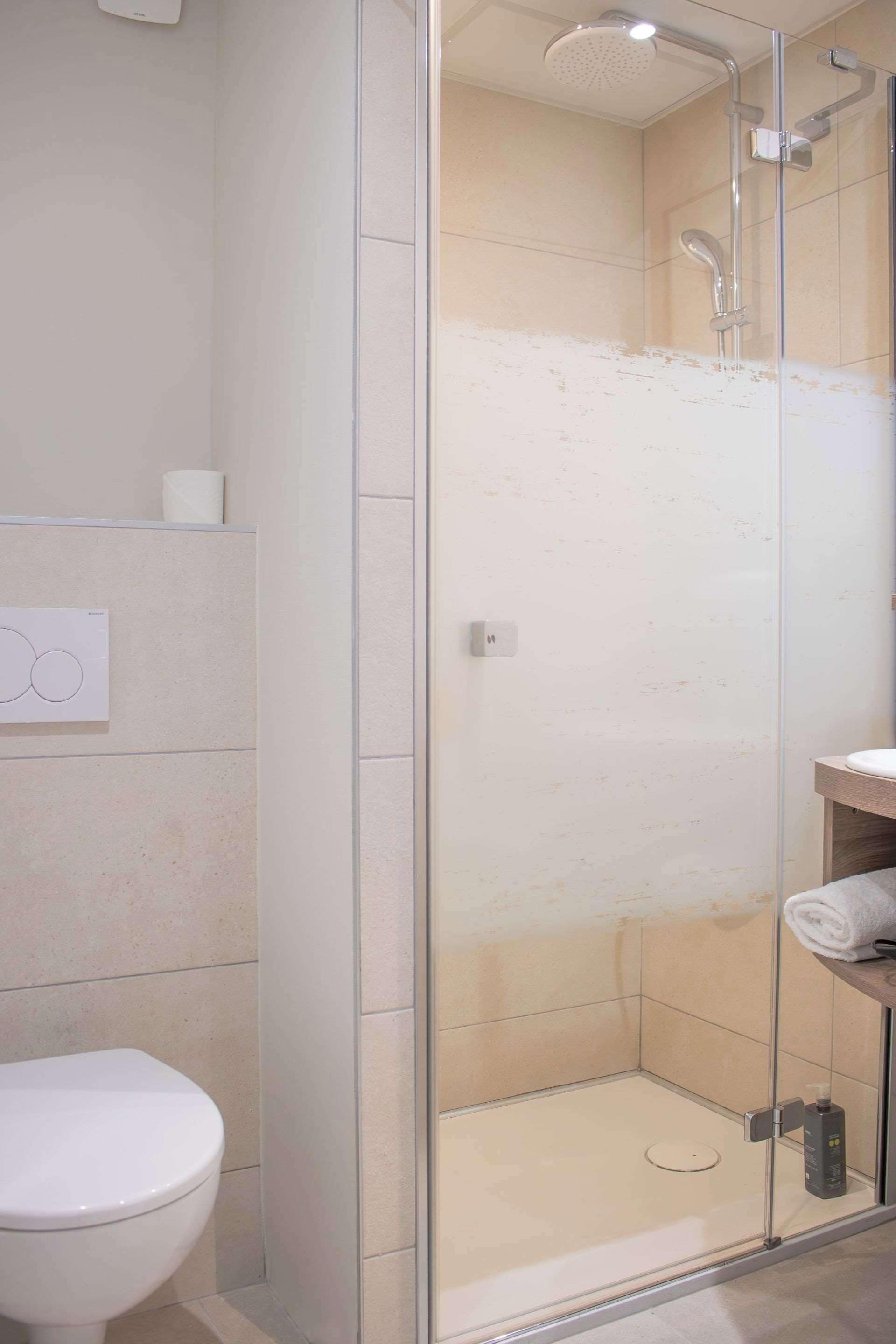 Ein modernes Badezimmer mit einer Duschkabine, einer Toilette und einem Waschbecken mit Handtuchhalter.