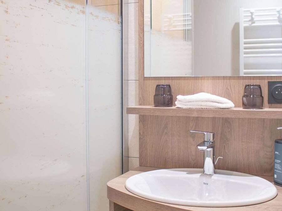 Une salle de bain moderne avec une douche à parois de verre, un meuble-lavabo en bois et un miroir au-dessus.