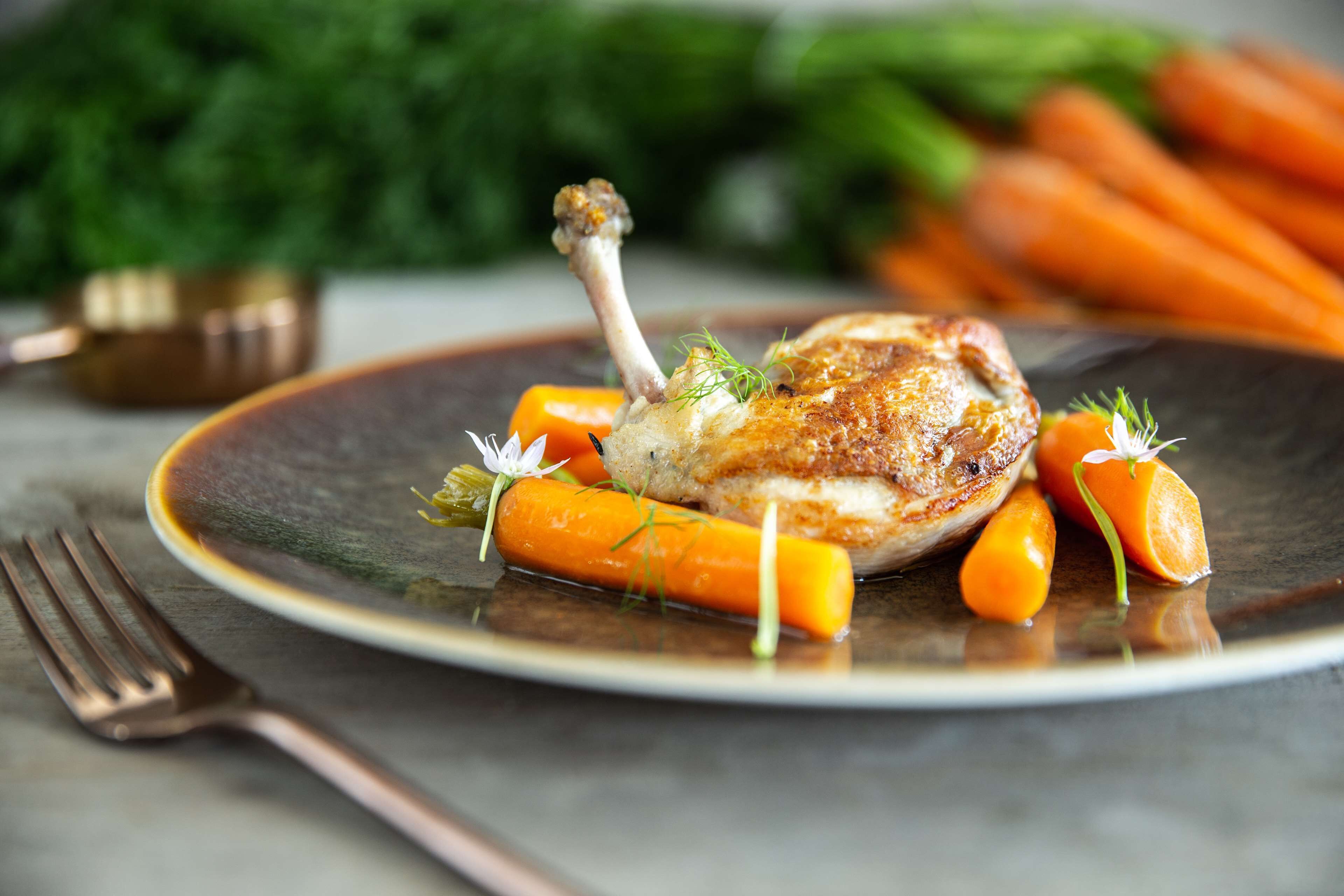 A plate with a roasted chicken leg, carrots, and herbs.