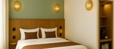 Habitación de hotel con cabecera de madera, dos apliques, una cama con ropa de cama blanca y marrón, y una estantería empotrada.