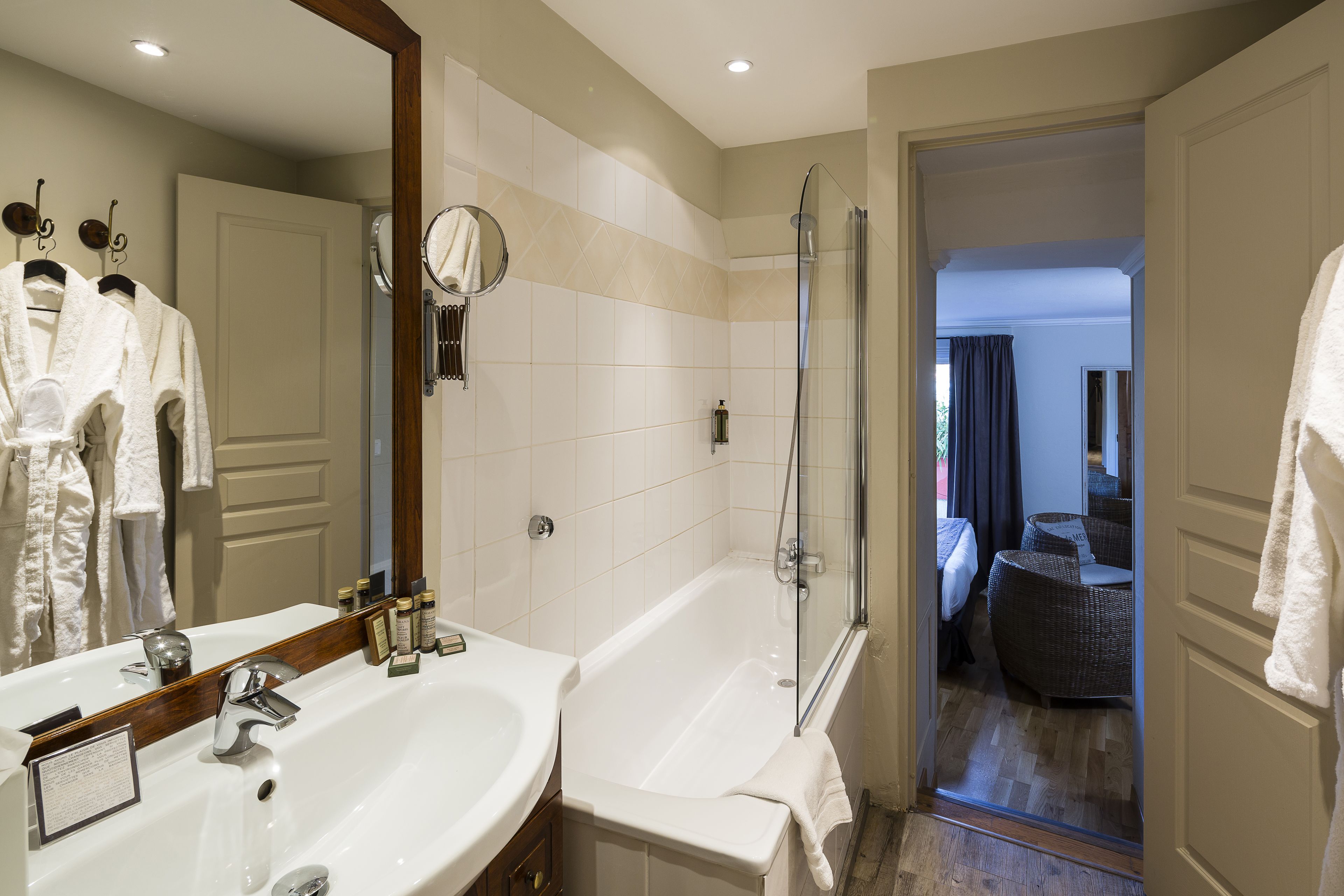 privilege room terrace | bathroom | designer toiletries, hair dryer, slippers, towels