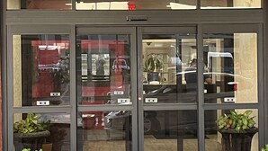 Una entrada con puertas dobles, paneles de vidrio, detalles en rojo y plantas en macetas a cada lado.