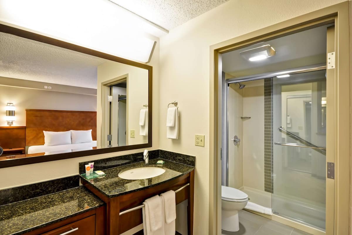 combined shower/bathtub, designer toiletries, hair dryer, slippers
