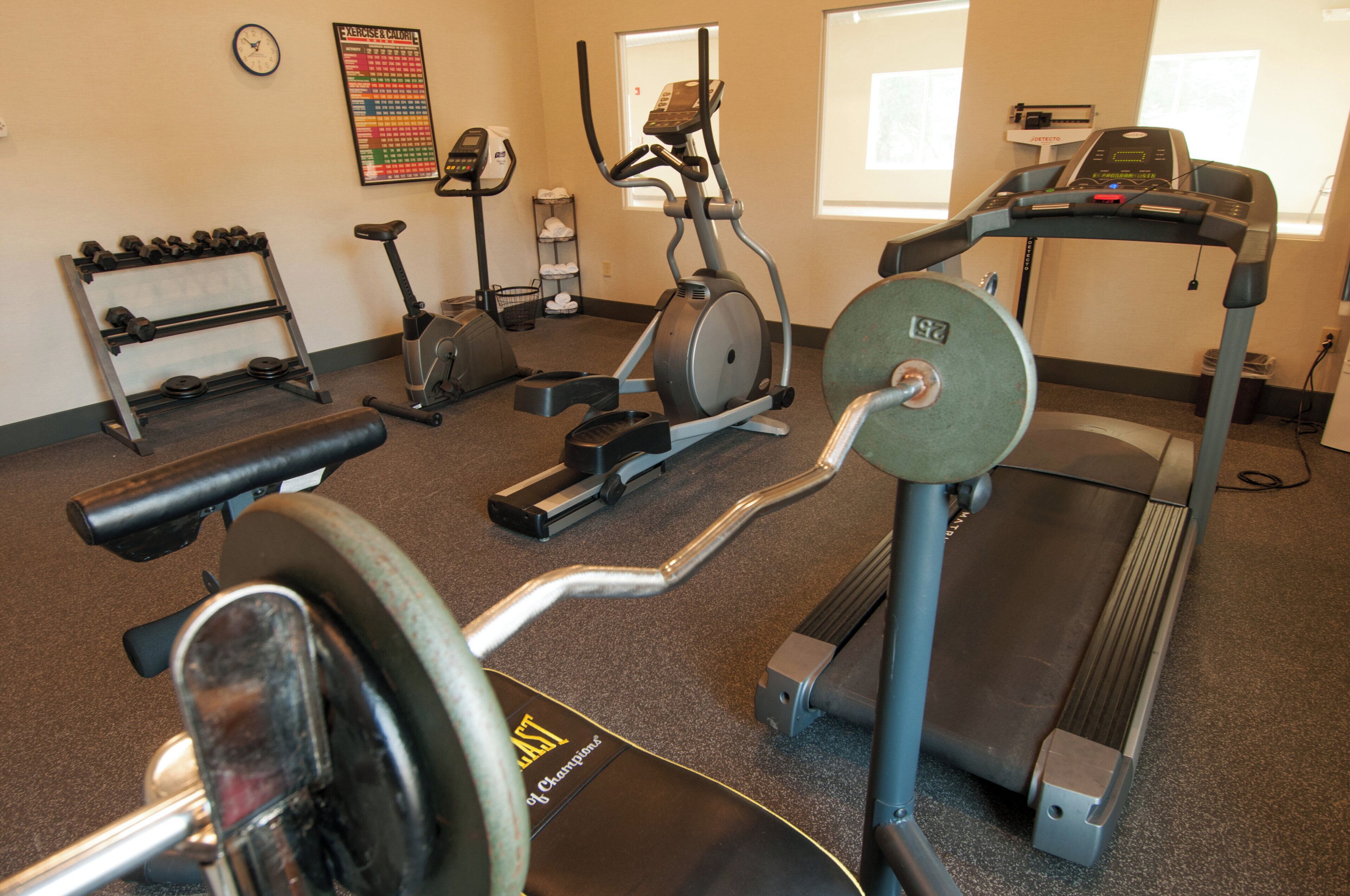 A gym with various exercise equipment including treadmills, stationary bikes, and free weights.