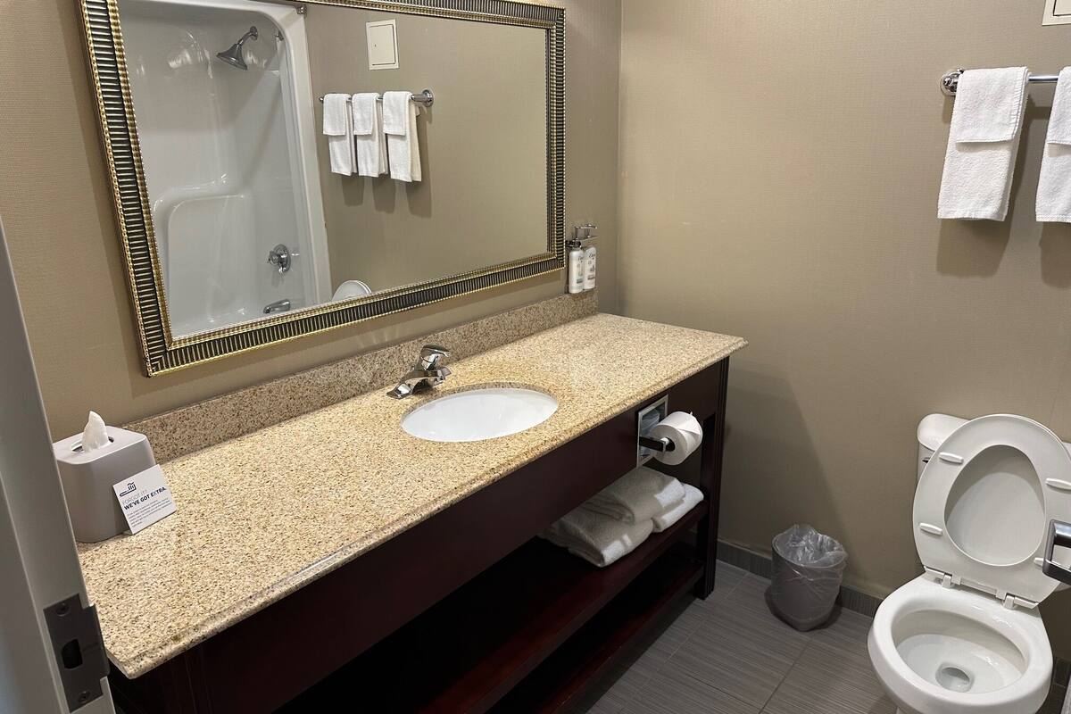 combined shower/bathtub, hair dryer, towels