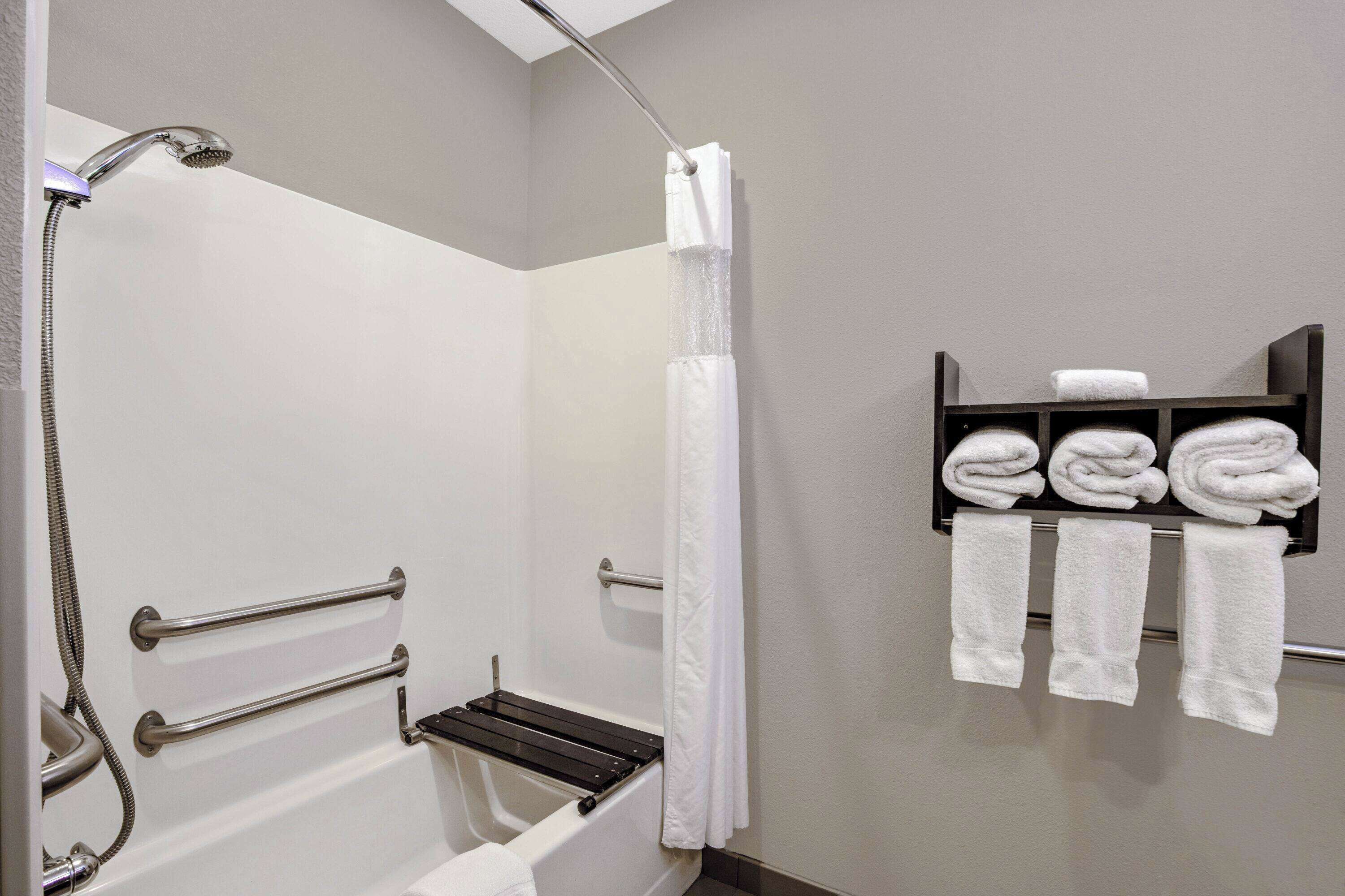 combined shower/bathtub, free toiletries, hair dryer, towels