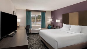 Une chambre d’hôtel équipée d’un lit, d’une télévision, d’un bureau, d’une chaise, d’une fenêtre avec des rideaux et d’une lampe.