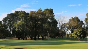 Campo de golf con un búnker de arena, árboles y cielo despejado.