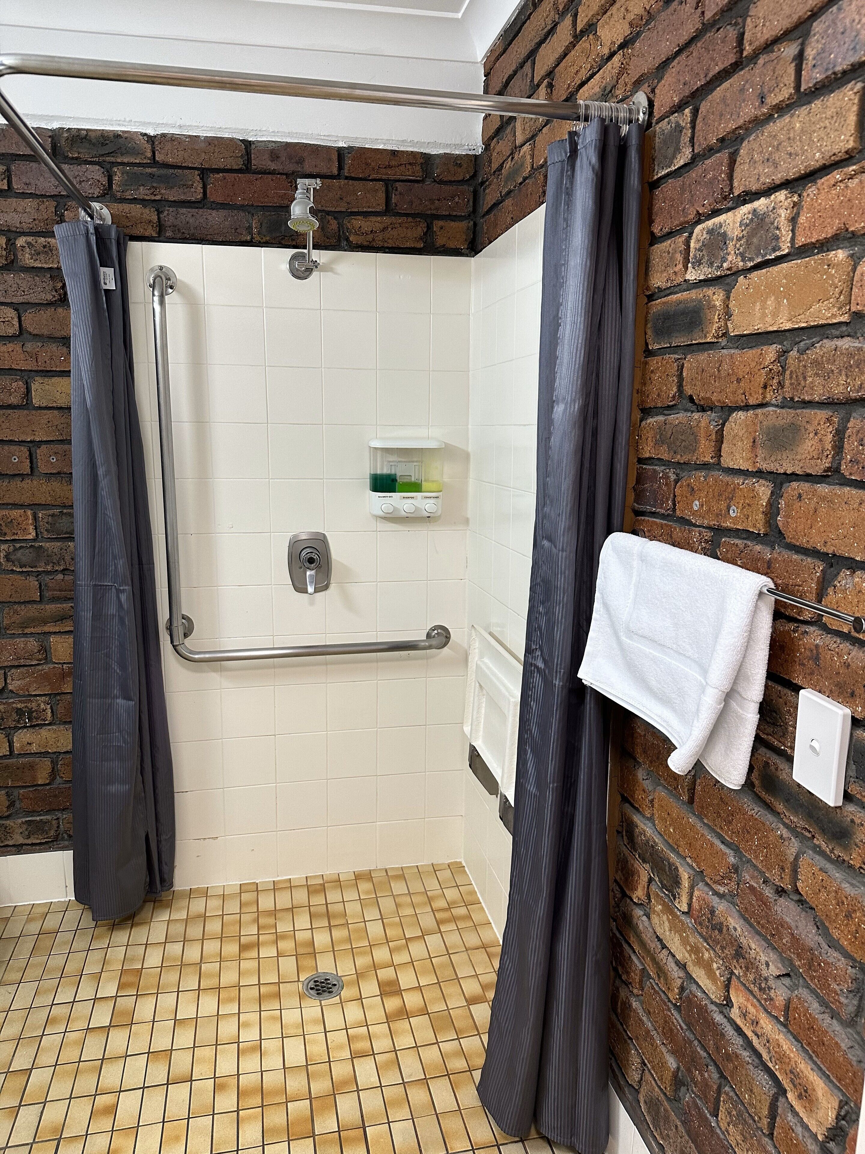 A shower with a handrail, a glass shower caddy, and a towel rack with a towel.