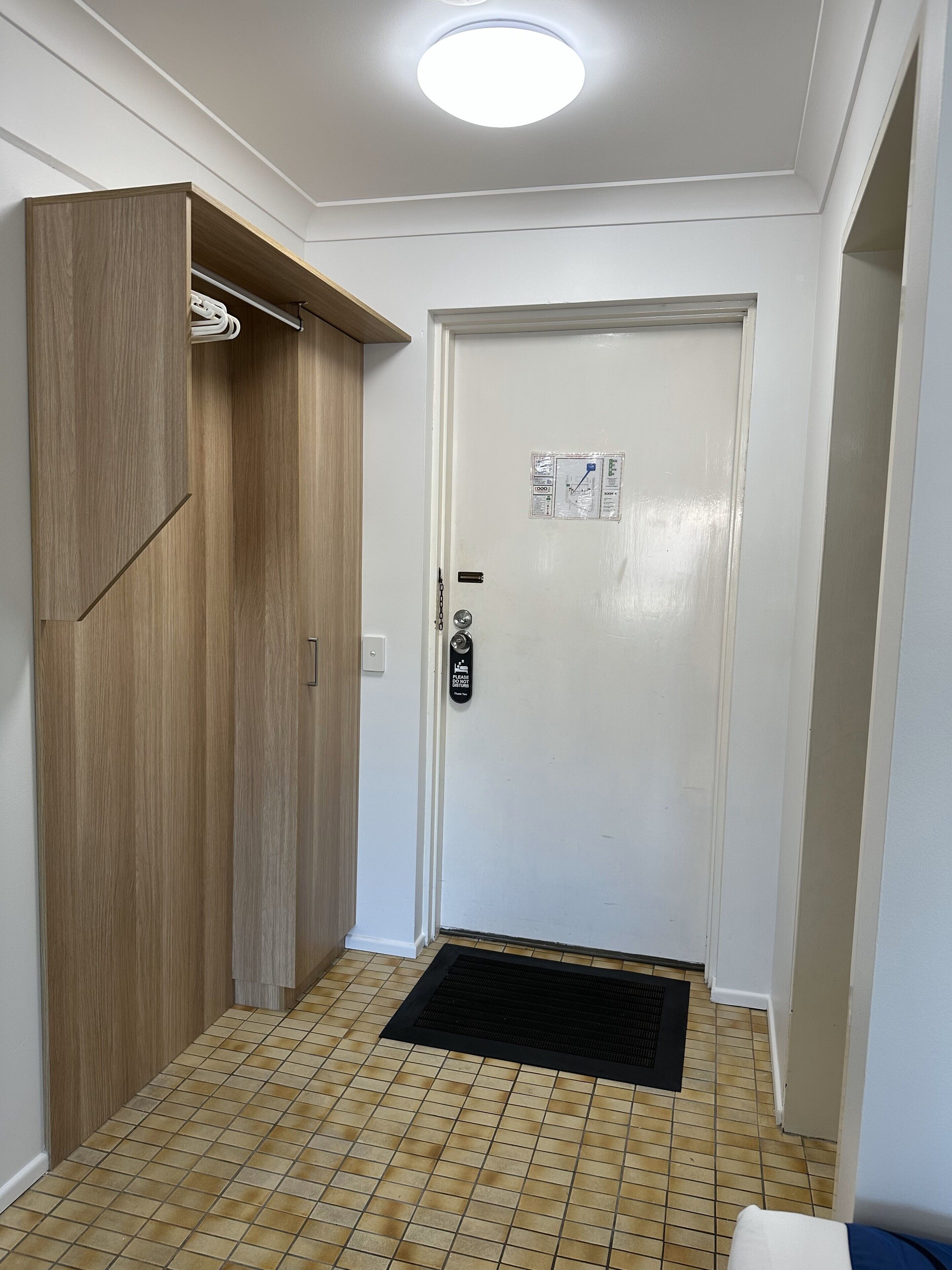 A hallway with a wooden wardrobe, a white door with a security lock, and a black mat at the entrance.