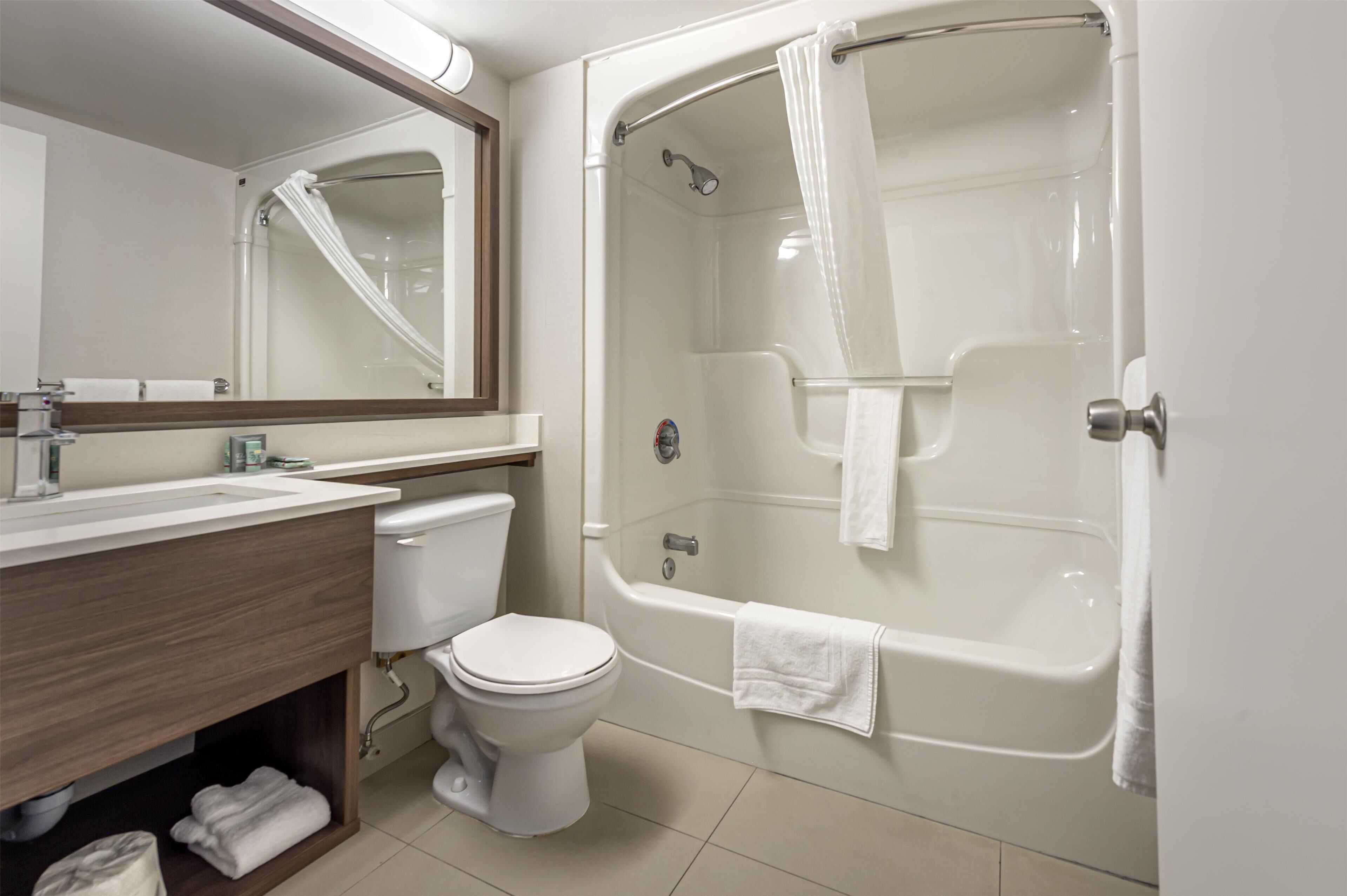 A bathroom with a toilet, sink, mirror, and a bathtub with a shower curtain.