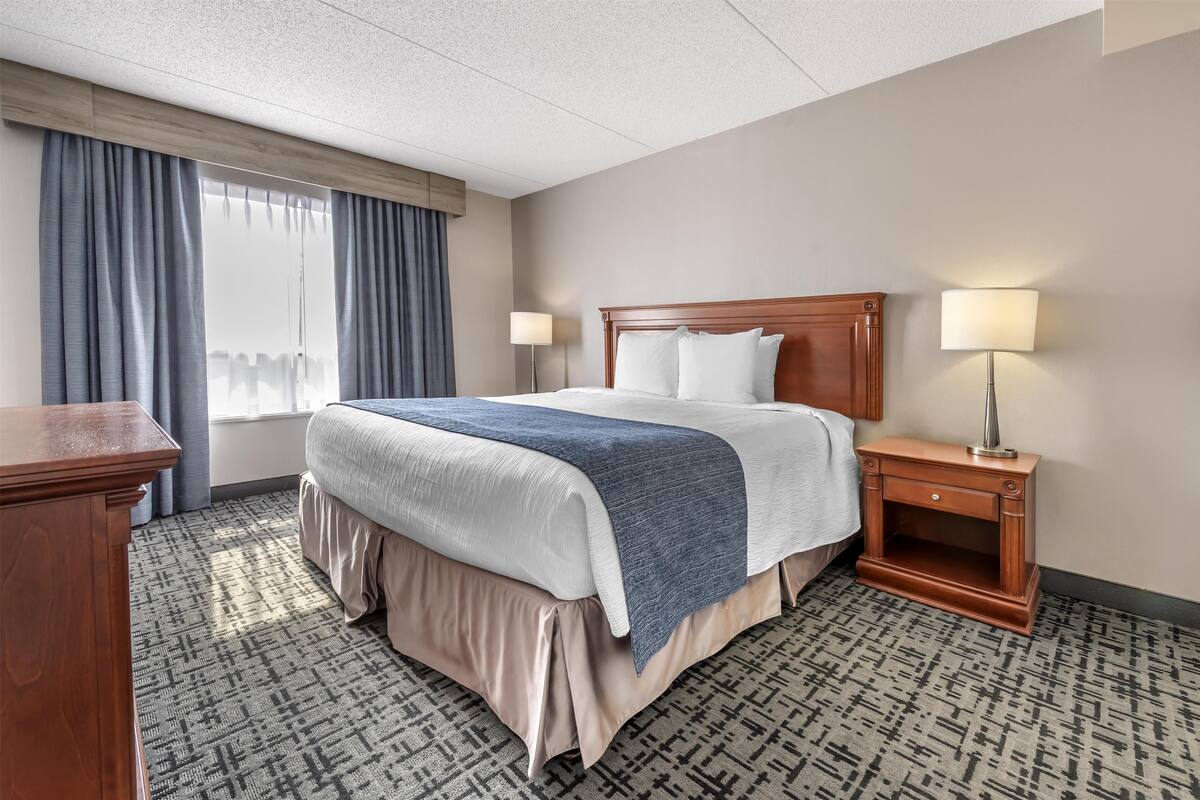A hotel room with a large bed, a wooden nightstand with a lamp, a desk, and a patterned carpet.