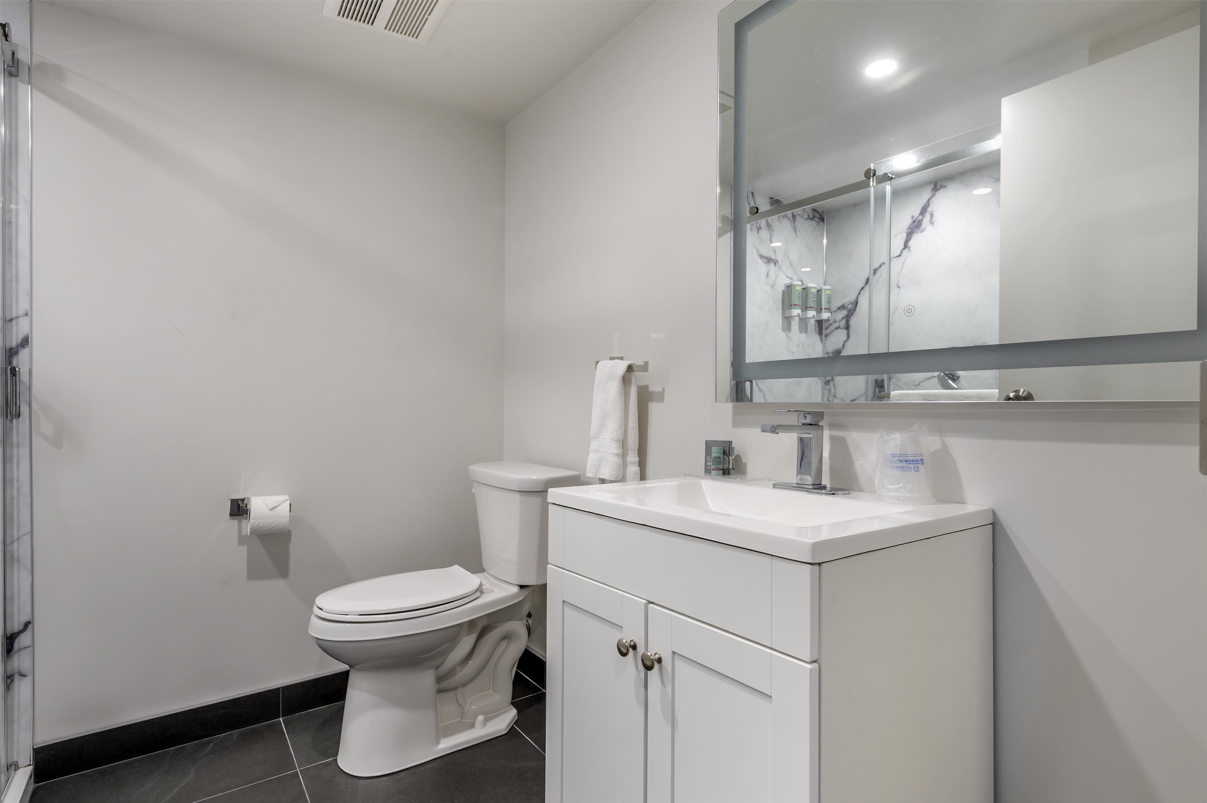 Une salle de bain moderne avec des toilettes, un lavabo et un miroir.