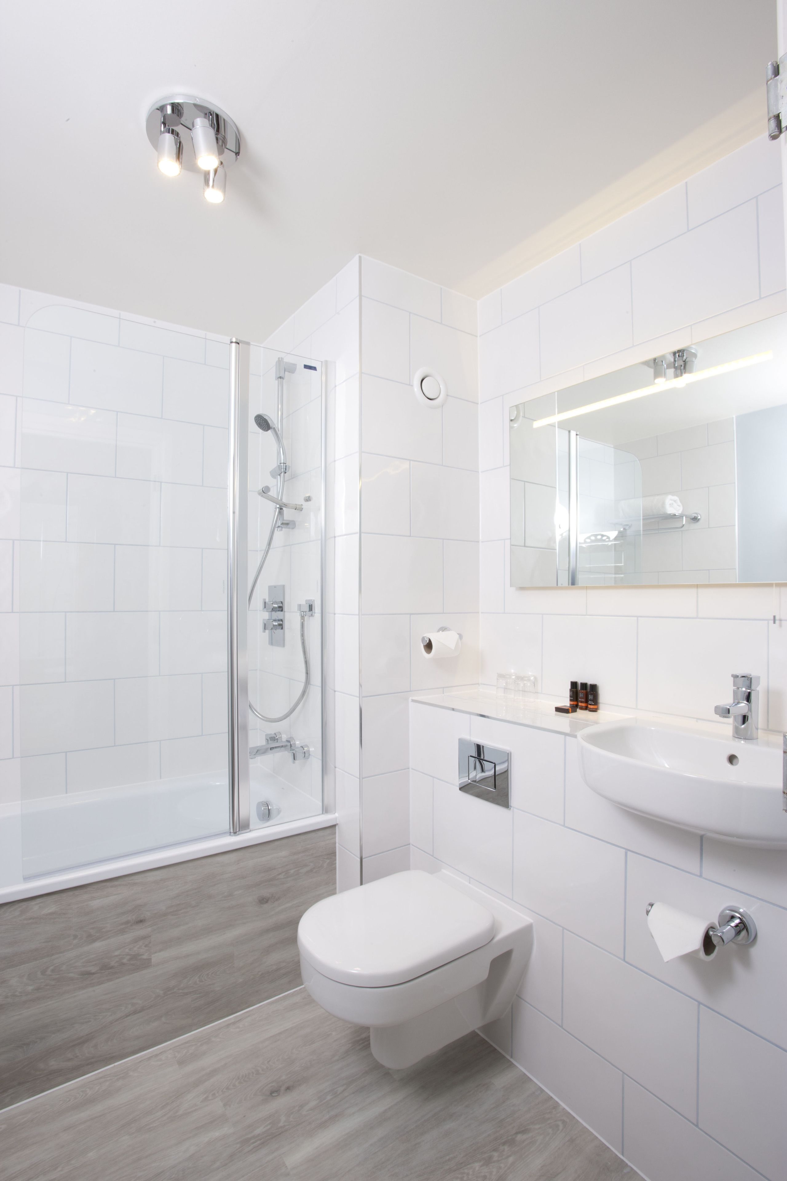 combined shower/bathtub, free toiletries, hair dryer, towels