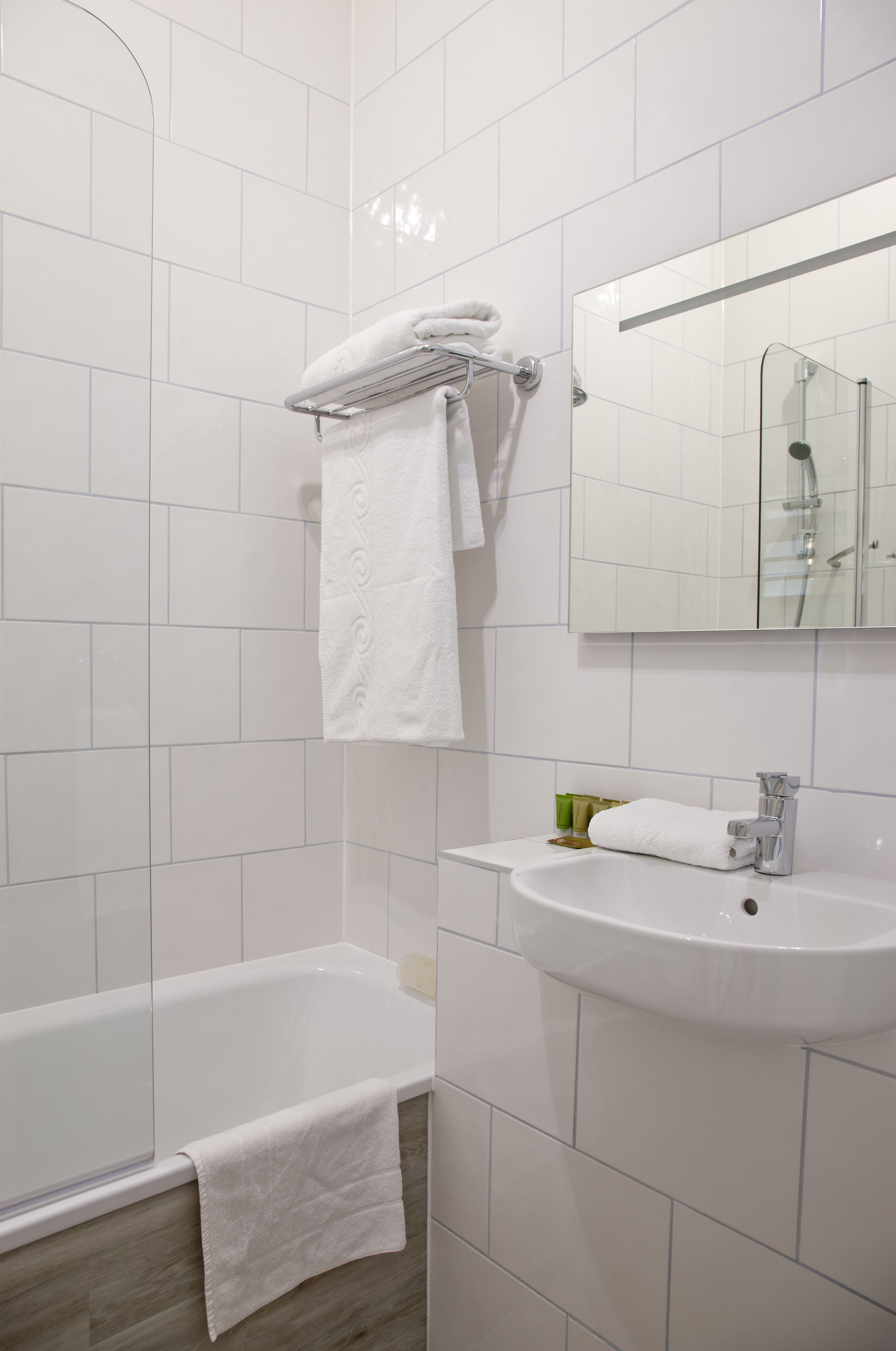 combined shower/bathtub, free toiletries, hair dryer, towels
