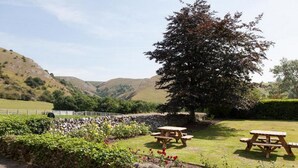 A picnic area with stone walls and benches, surrounded by a grassy field and a large tree. - The Izaak Walton Hotel (Ashbourne)