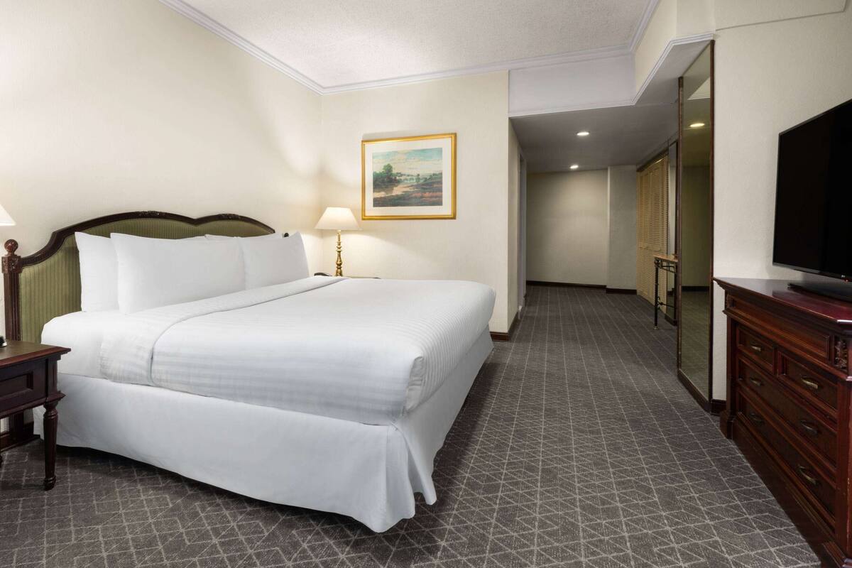 A hotel room with a large bed, a television, a dresser, and a painting on the wall.