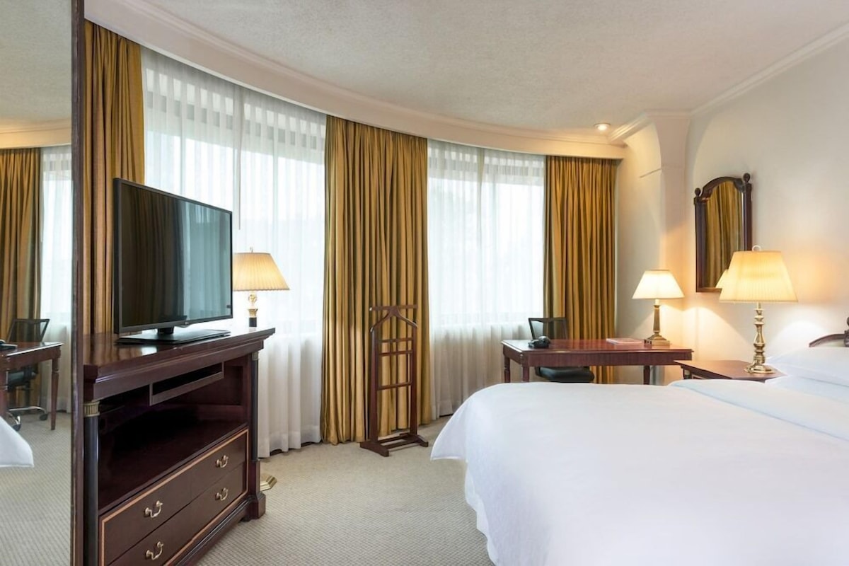 Habitación de hotel con una cama, un televisor sobre un atril de madera, dos lámparas, un escritorio y un espejo.