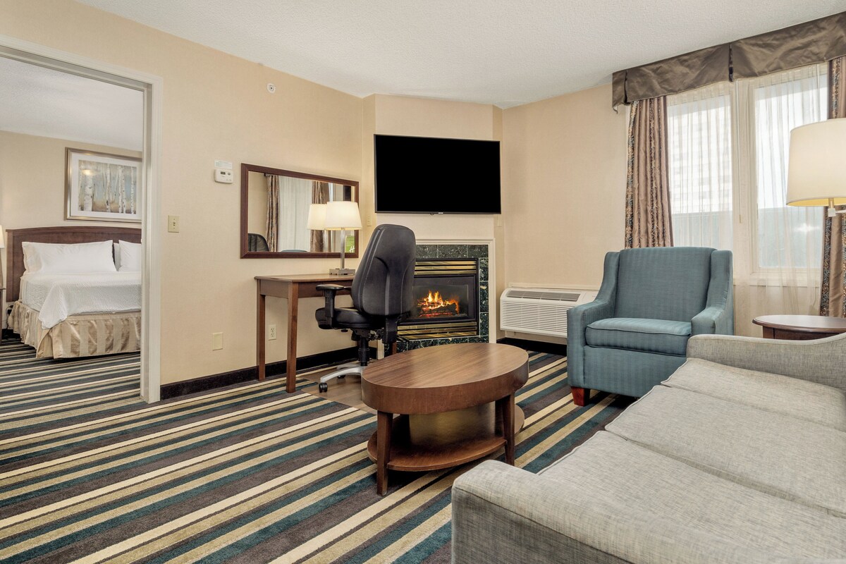 Une chambre d’hôtel comprenant un lit, un bureau avec une chaise, une télévision, une cheminée, un canapé et une fenêtre avec des rideaux.