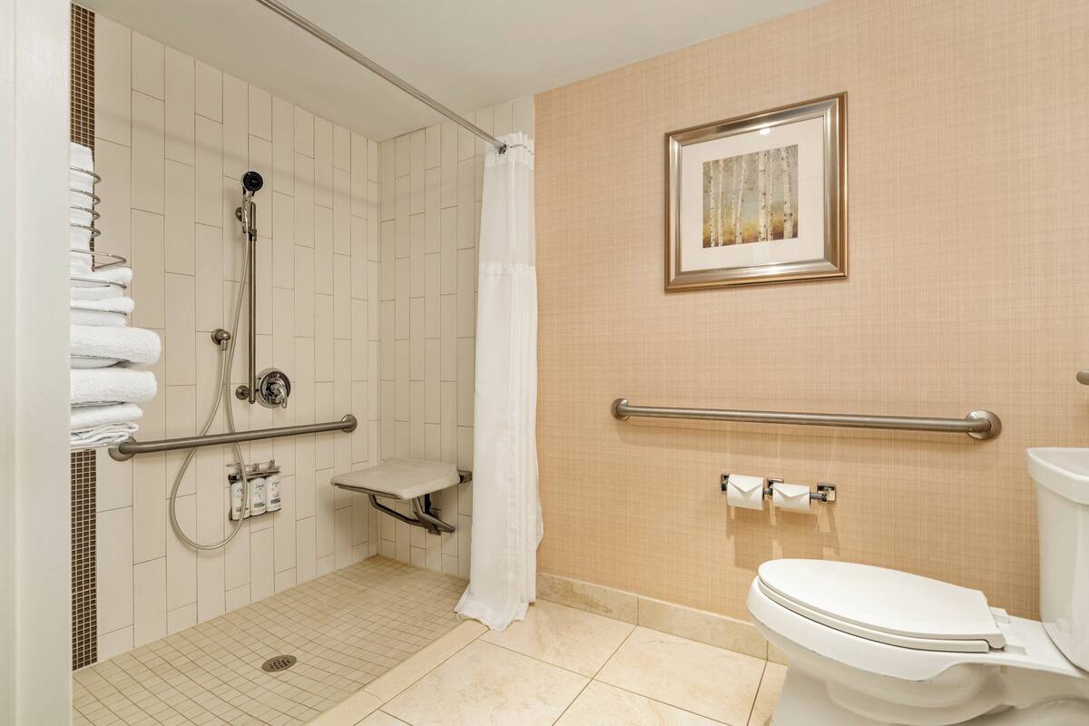 ห้องสแตนดาร์ด, เตียงควีนไซส์ 1 เตียง (Mobility, Roll-In Shower) | 1 ห้องนอน, เครื่องนอนระดับพรีเมียม, ผ้านวมขนเป็ด