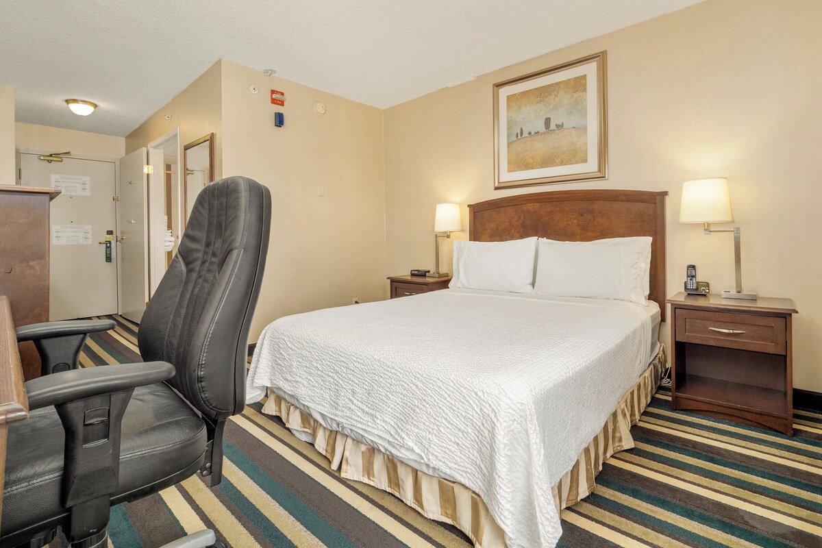 Une chambre d ’hôtel comprenant un lit, une chaise, un bureau et une table de chevet avec des lampes.