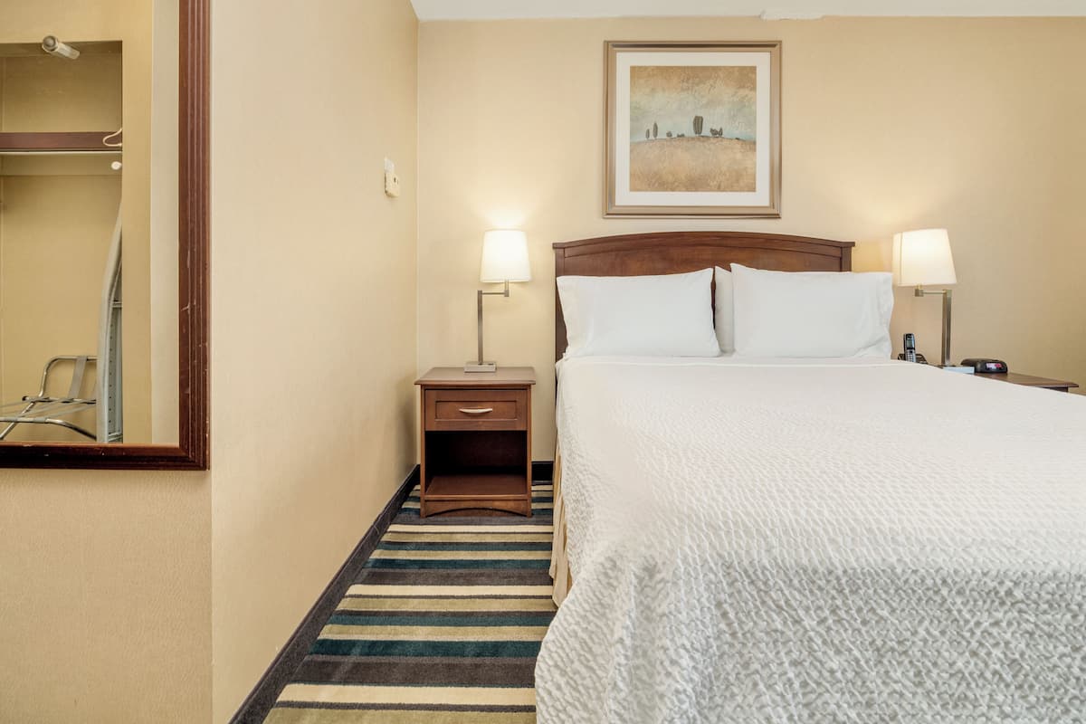 A hotel room with a bed, bedside lamps, a nightstand, a mirror, and a framed picture on the wall.