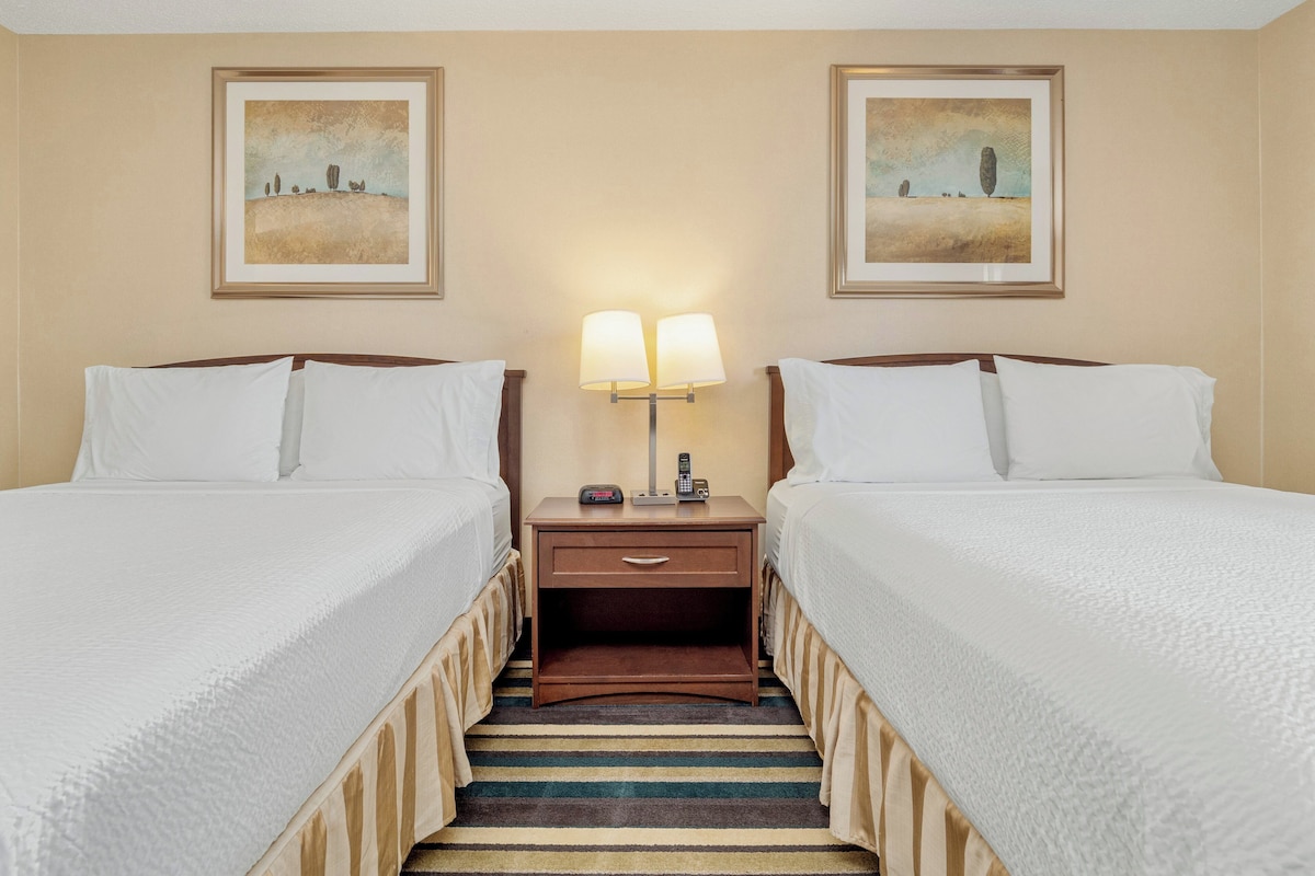 Une chambre d’hôtel avec deux lits, une moquette à rayures et deux tableaux représentant des paysages, encadrés et accrochés aux murs.