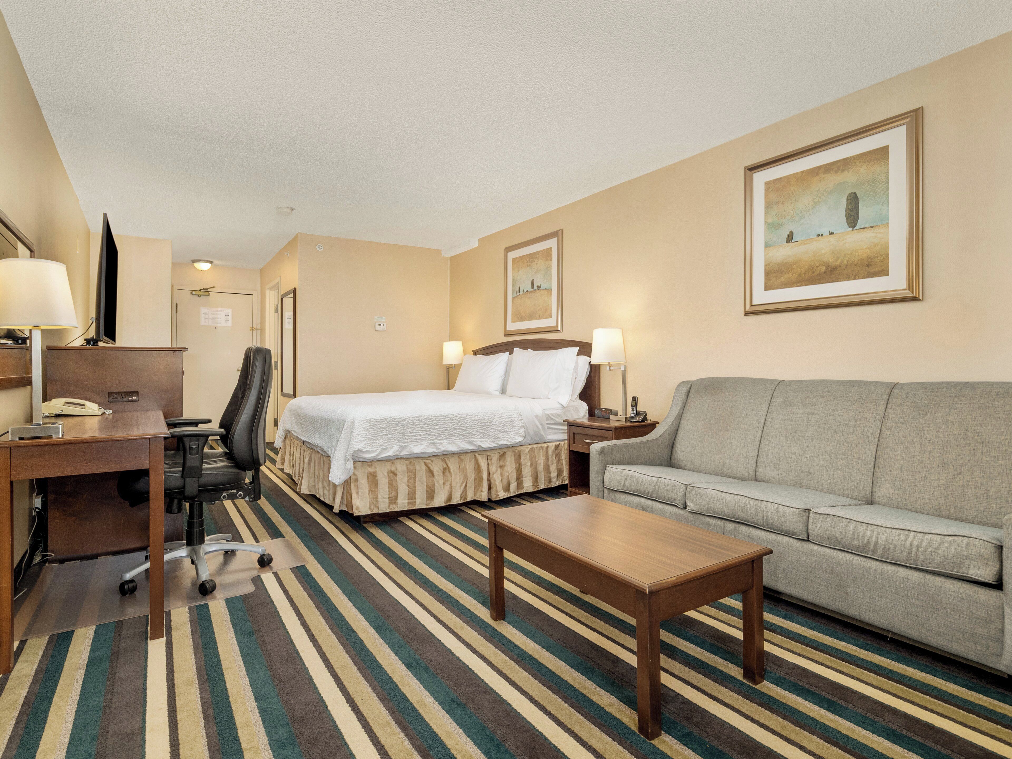 Une chambre d’hôtel comprenant un lit, un canapé, un bureau avec une chaise, une table basse et un téléviseur.