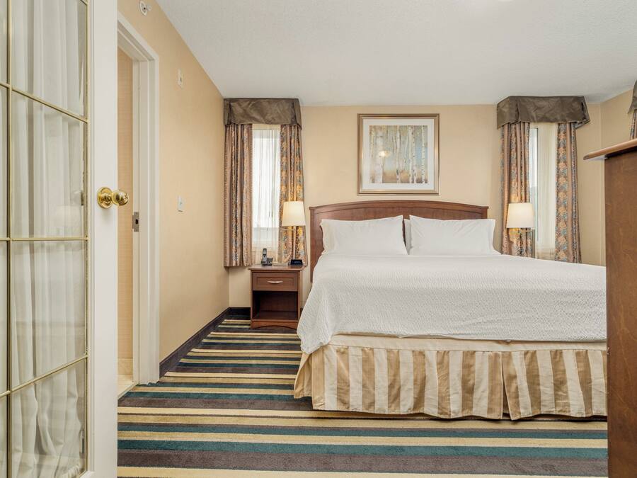 Habitación de hotel con una cama grande, una mesita de noche con lámpara, un cuadro enmarcado en la pared y una alfombra a rayas.