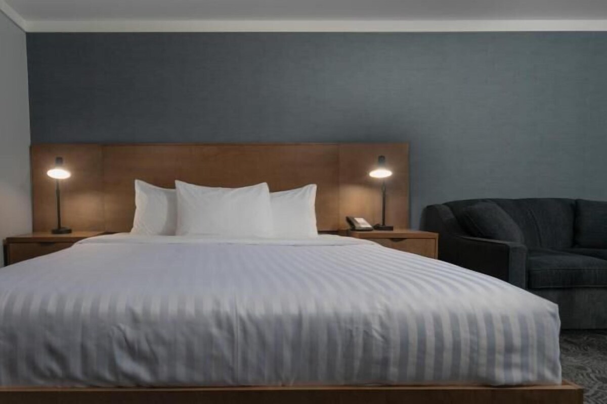 A hotel room with a large bed, two bedside lamps, a wooden headboard, a dark-colored sofa, and a plain wall.