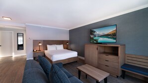 Een moderne hotelkamer met een bed, een bank, een televisie en een houten kast.