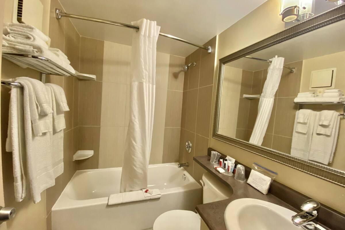 Ein Badezimmer mit Badewanne, Toilette, Waschbecken und einem großen Spiegel.