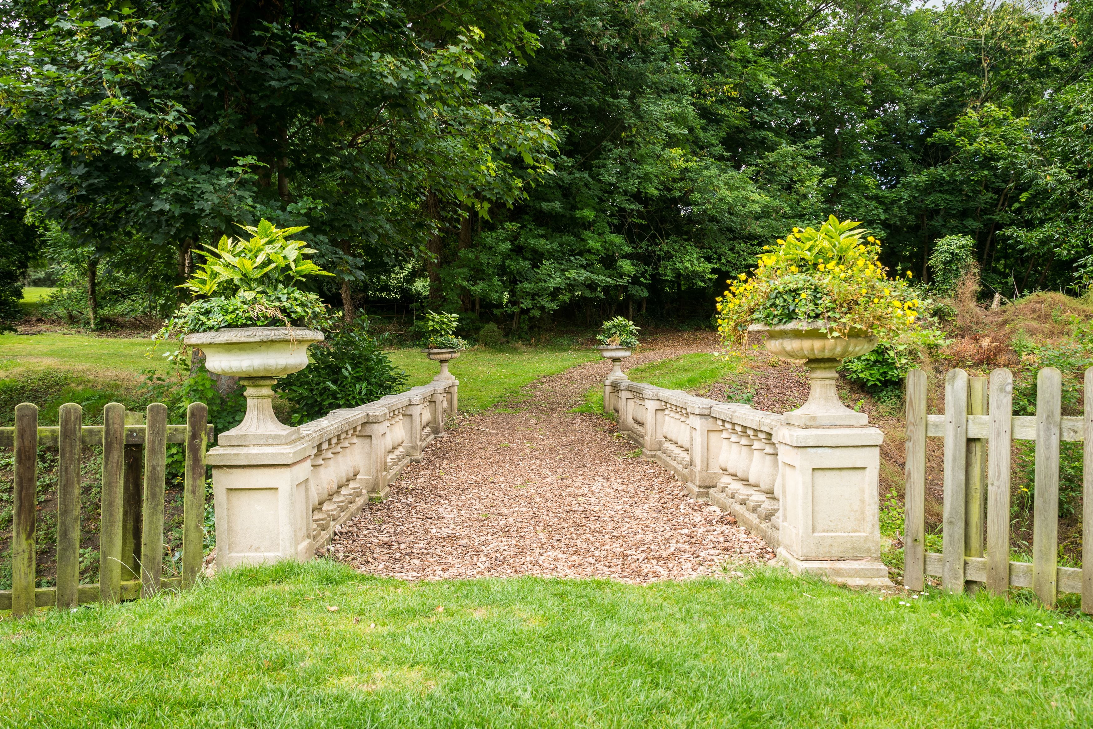 A stone pathway leading through a garden with potted plants on either side.