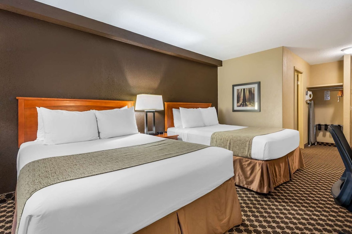 Quarto de hotel com duas camas, cabeceira, mesa de cabeceira, abajur, quadro na parede e carpete estampado.