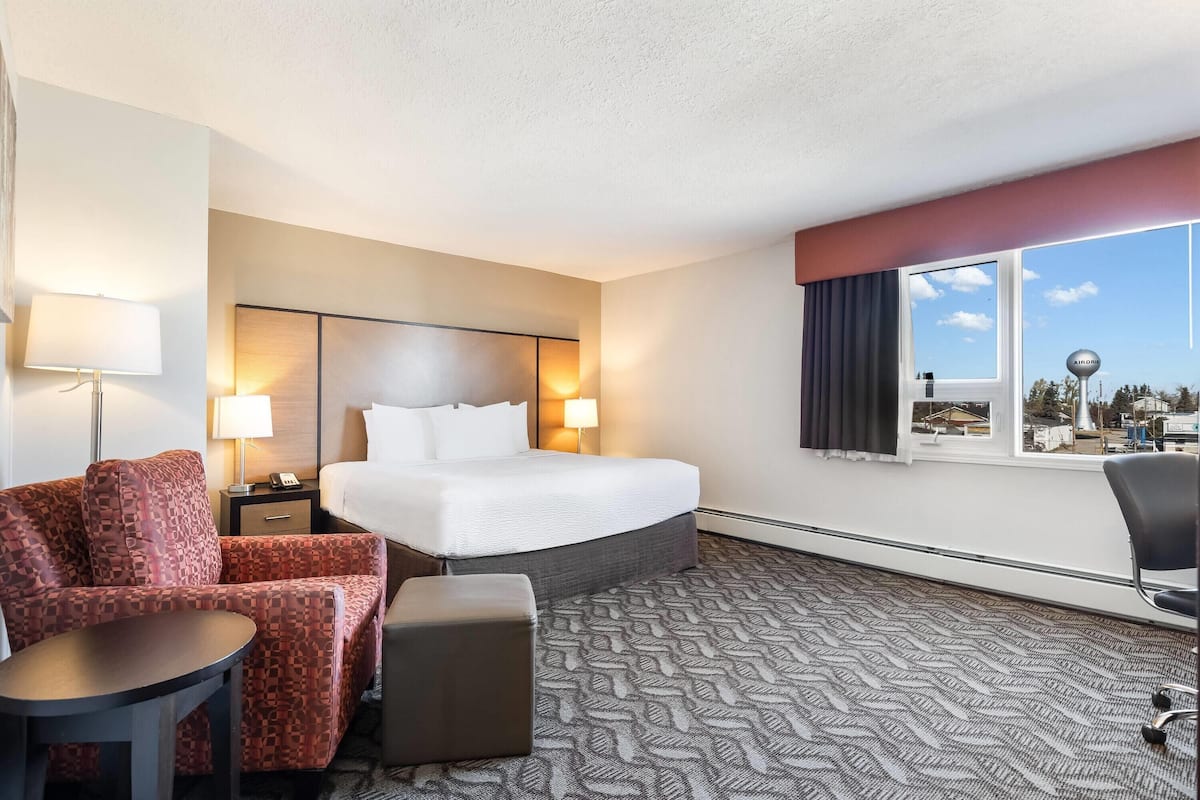 A hotel room with a bed, a desk, a chair, a small table, and a window with a view of the city.