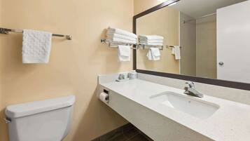 Un baño con inodoro, lavabo y espejo.