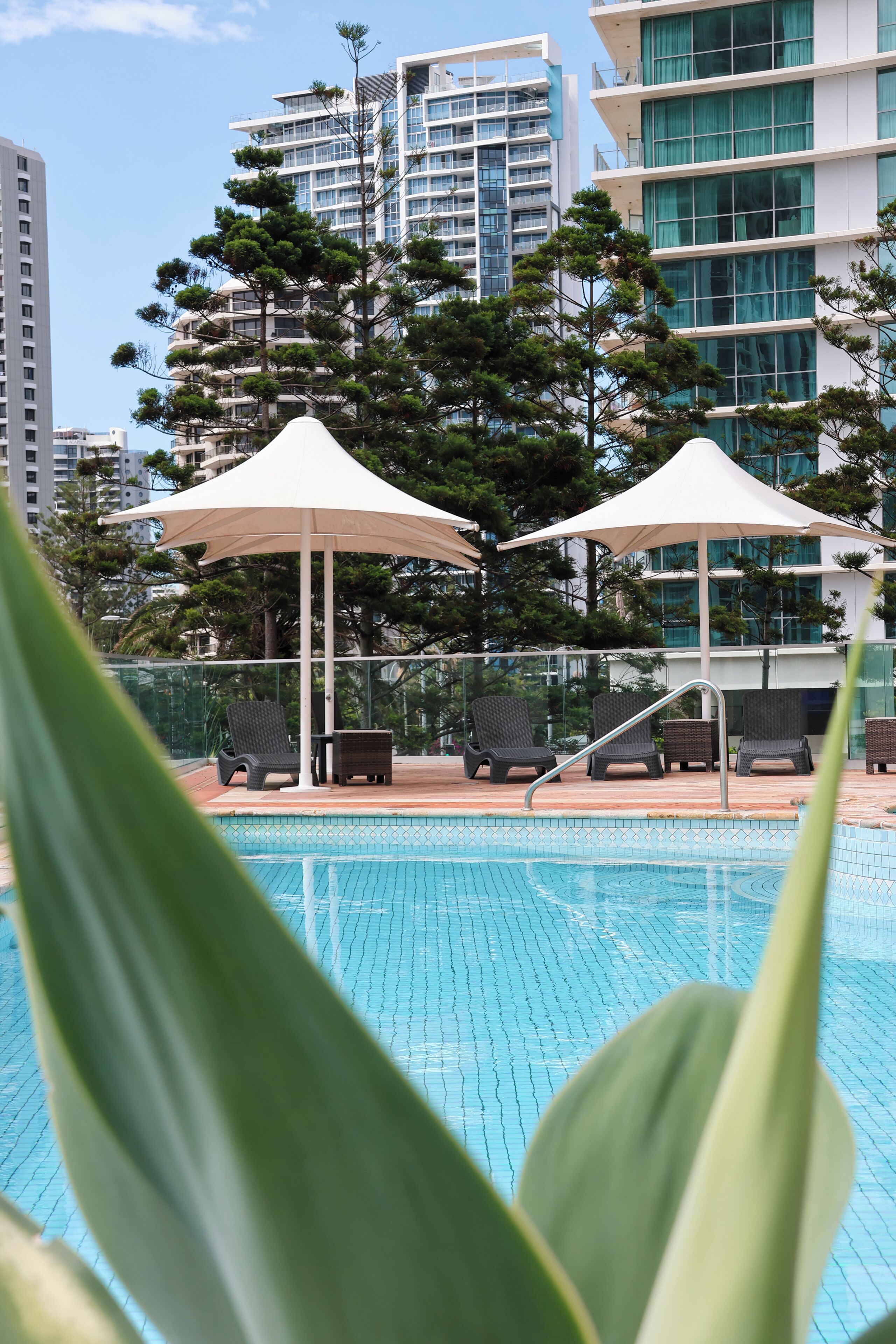 Una piscina con sillas de descanso y sombrillas, rodeada de edificios altos y árboles.