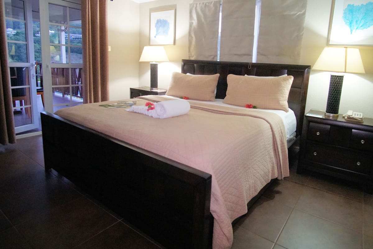 A hotel room with a large bed, two bedside tables, a nightstand, a window with curtains, and a view of the outdoors.