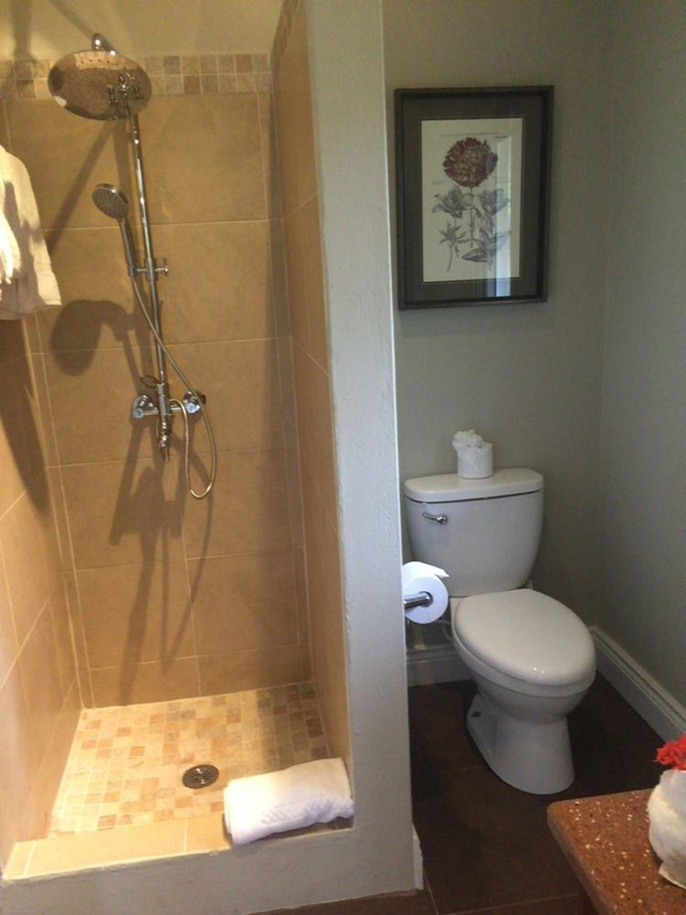 Ein Badezimmer mit Dusche, Toilette und einem gerahmten Blumenbild an der Wand.
