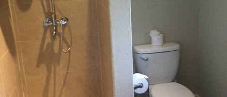 Ein Badezimmer mit Dusche, Toilette und einem gerahmten Blumenbild an der Wand.