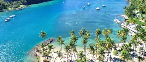 On the beach, sun loungers, beach umbrellas, beach towels