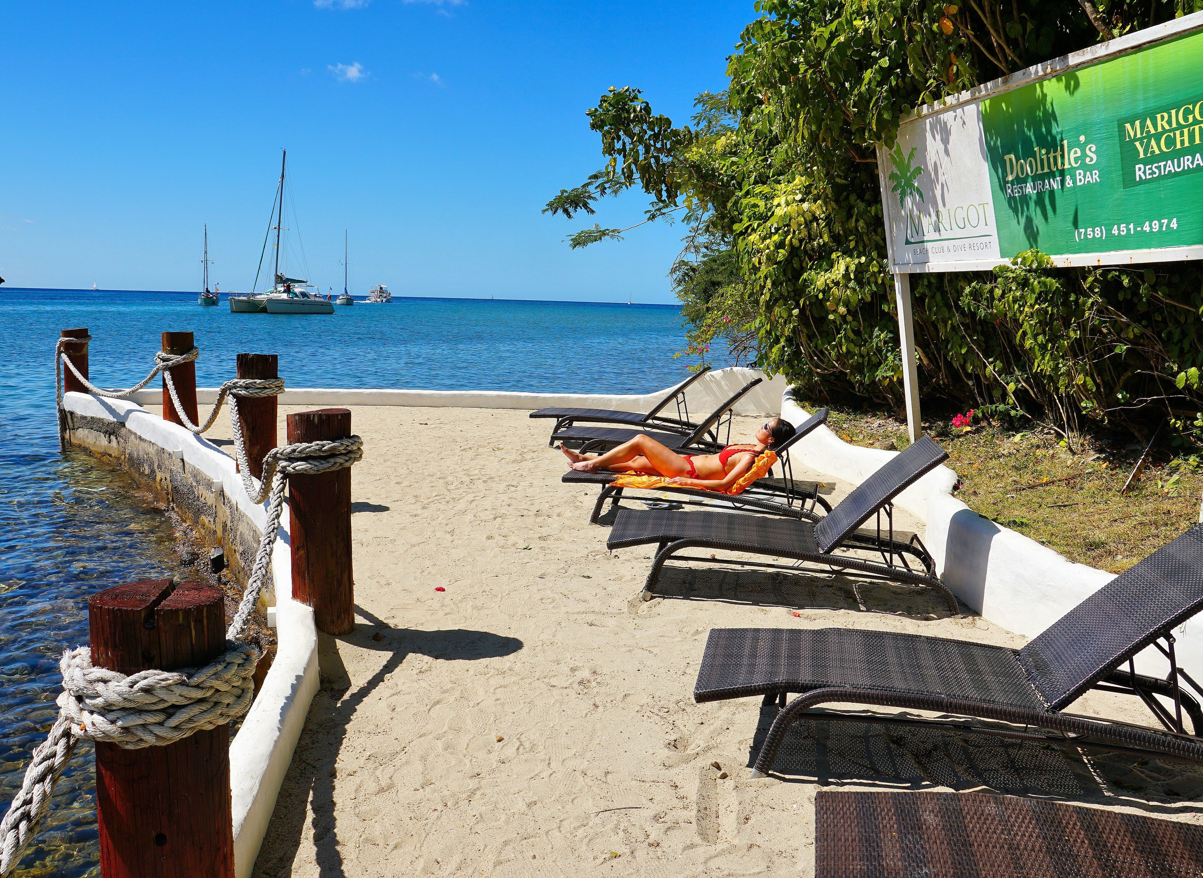 Un espace aménagé au bord de la plage, avec des chaises longues et un panneau indiquant l'emplacement du restaurant-bar Doolittle's.