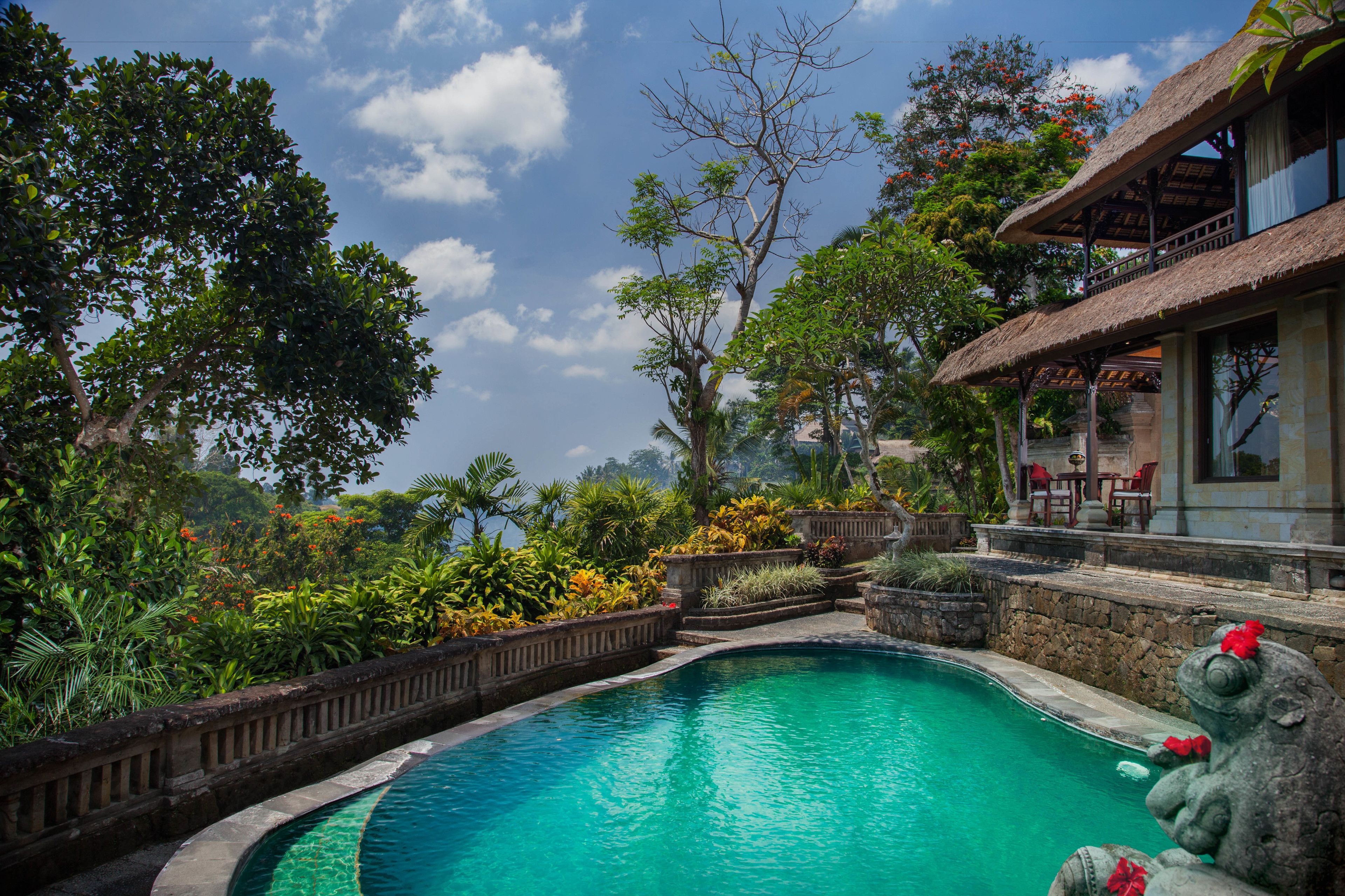 A pool surrounded by lush greenery and a thatched-roof building.
